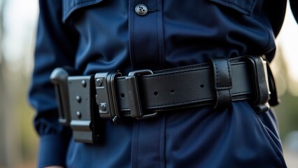 A police officer duty belt is shown, featuring a sturdy black belt with various attachments, worn over a dark blue uniform.
