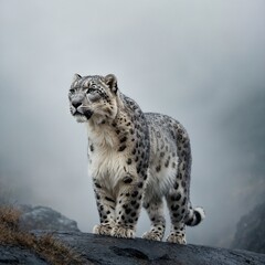 A snow leopard cat walking gracefully through soft, white mist. Leopard walks through melting snow in a cold, misty landscape during winter