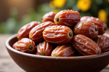 A Close-Up of Fresh, Ripe Medjool Dates Arranged in a Rustic Bowl on a Wooden Table with a Soft Green and Yellow Background, Highlighting Their Rich Color and Texture