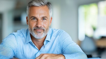 Portrait of a Confident Gray Haired Mature Businessman Smiling Thoughtfully and Contemplating in a Professional Office Environment  He Embodies Experience Wisdom and a Positive
