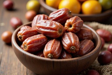 A Close-up View of Fresh Jujube Fruits in a Wooden Bowl, Highlighting Their Rich Color and Texture Amidst a Rustic Wooden Background