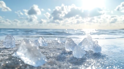A serene beach scene with ice fragments scattered on the sand and a bright sky above.