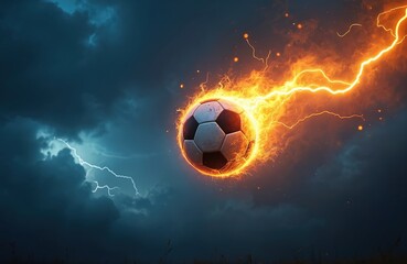 Soccer ball engulfed in flames and lightning, streaks through night sky, creating dynamic visual. Blue and orange colors background. Intense game energy, fiery passion, power with football.