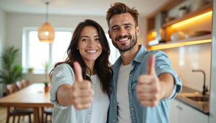 Happy couple give thumbs up in modern living space. Cheerful young woman, man stand in well-lit modern room. Approval gesture, excited about new home, apartment, decor, mortgage, loan, real estate