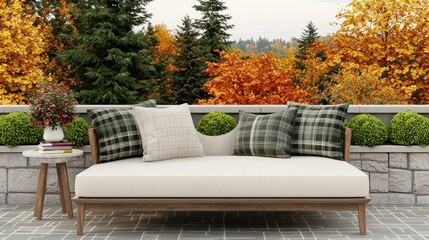 Obraz premium Cozy Outdoor Lounge Area with Plush Cushions and Fall Foliage