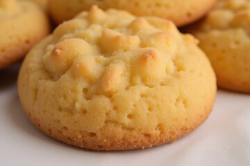 Fototapeta premium Golden Brown Cookies with Elevated Texture Sitting on a White Plate, Showcasing Their Deliciously Soft and Crumbly Structure