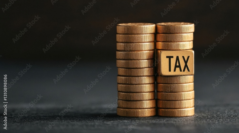 Poster stacked coins with the word tax displayed in bold text against a dark background symbolizing financi