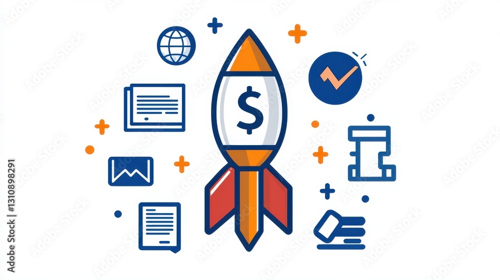 Poster rocket launch icon representing the growth progress and success of a startup business venture the im