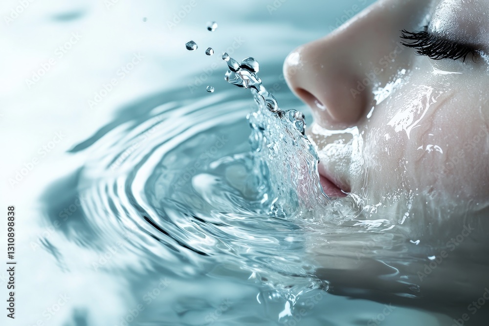 Aufkleber a close-up of a serene face partially submerged in water, creating ripples and bubbles, evoking tran