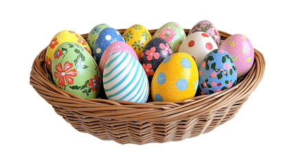 A colorful collection of Easter eggs in a woven basket