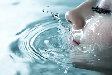 Fototapeta premium A close-up of a serene face partially submerged in water, creating ripples and bubbles, evoking tranquility and a connection to nature.
