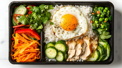 Neatly Packed Thai Basil Chicken Bento Box with Fresh Vegetables and Fried Egg