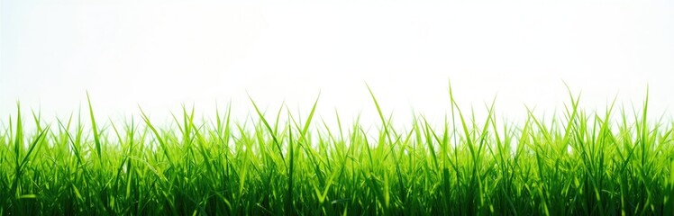 Fototapeta premium Rich green grass sward against clear white background. Fresh lawn, meadow, pasture, vibrant foliage, sunny nature. Spring summer growth symbolises eco awareness, sustainability, organic farming.