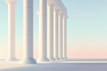Fototapeta premium minimalist architectural dreamscape with slender white columns tilting at subtle angles against a pale blue gradient sky, creating an ethereal perspective study with clean lines and subtle shadows