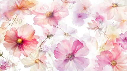 Watercolor Illustration set of Pink cosmos flowers on a white background,spring summer nature,Vibrant pink cosmos blooming,Children's card,banner,raindrops drawn by hand.
