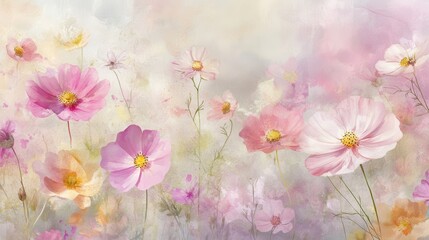 Watercolor Illustration set of Pink cosmos flowers on a white background,spring summer nature,Vibrant pink cosmos blooming,Children's card,banner,raindrops drawn by hand.