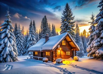 Fototapeta premium Winter Wonderland Log Cabin Panoramic - Snowy Trees, Peaceful Cabin, Serene Landscape