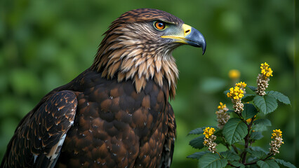 Obraz premium Majestic eagle perched near vibrant yellow flowers, showcasing its striking features and keen gaze. lush green background enhances beauty of this powerful bird