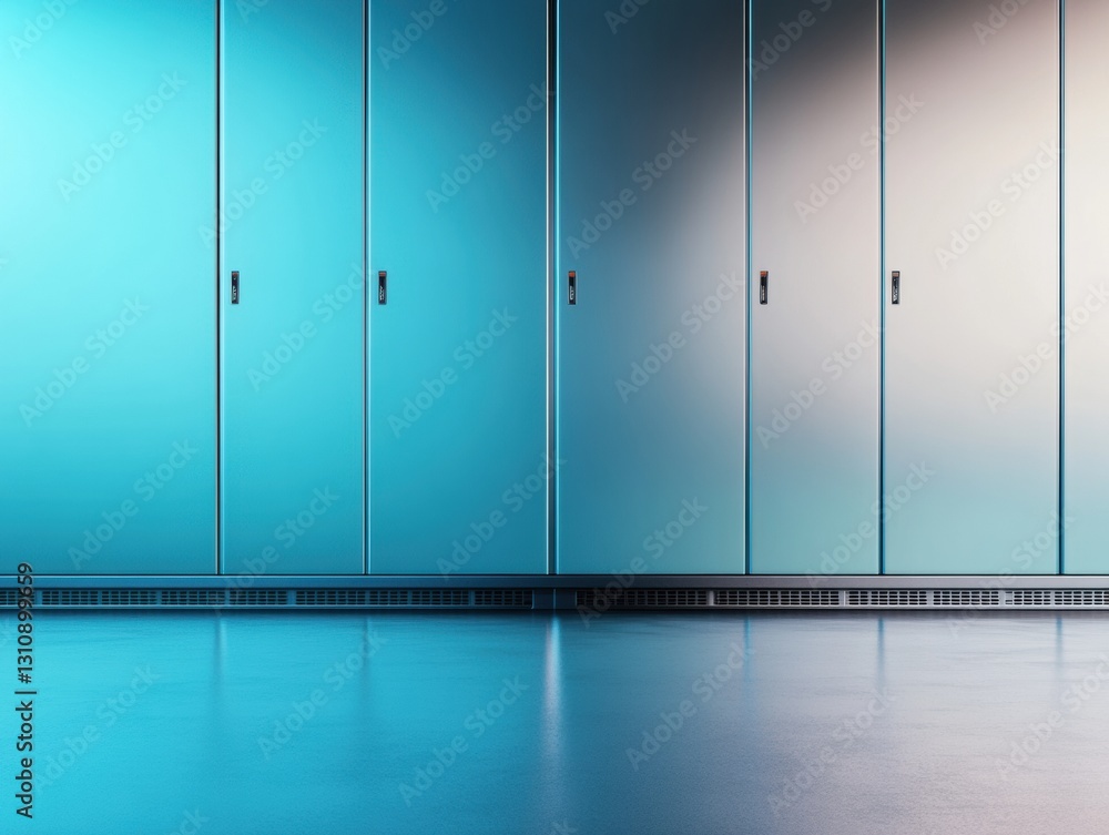 Poster Futuristic Data Center Infrastructure Sleek Chrome Server Rack Design with Gradient Blue Ambient Lighting - Next-Gen Tech Visualization