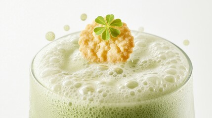 Matcha latte with four clover cookie on white background,hot green tea,Lucky clover leaves,Patricks day watercolor clipart,Spring flower pattern,St. Patrick s day seamless pattern.