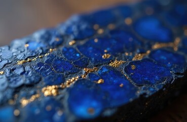 Fototapeta premium Close-up shot of lapis lazuli stone with gold flecks inclusions. Blue mineral with glitter texture, shimmer, sparkle. Semi-precious jewellery stone with rough crystalline structure, geologic cobalt