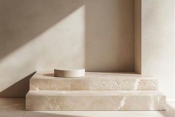minimalist beige natural stone podium display with subtle texture and soft shadow against neutral wall, creating an elegant product showcase space