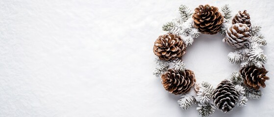 Snowy Pine Cone Wreath with Frosty Accents on White Background