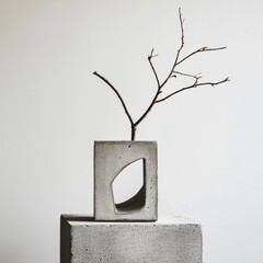 Brutalist Minimalism Architectural Concrete Sculpture with Organic Branch - Contemporary Design for Avant-Garde Interiors and Spatial Storytelling