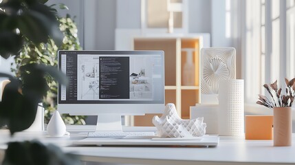 Modern Workspace with Computer Displaying Code, Abstract Decor, and Natural Light