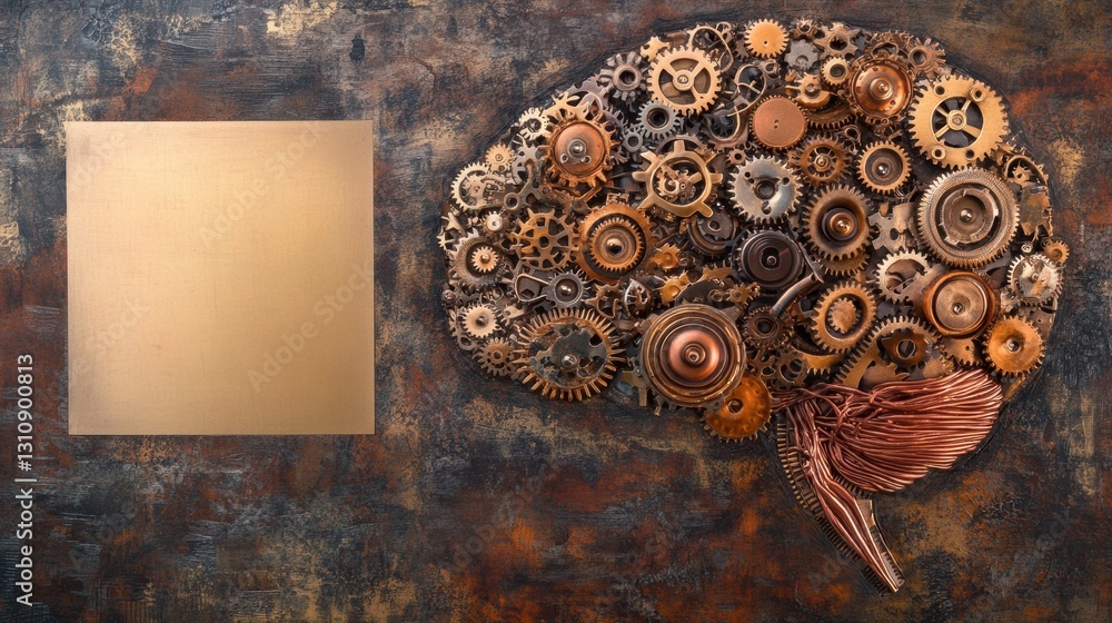 Poster steampunk brain design featuring intricate gears and cogs with a blank area for personalized text ge