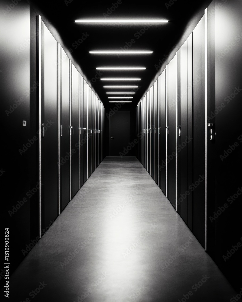 Poster cybersecurity dark mode minimalist data center corridor revealing sleek architectural surveillance a