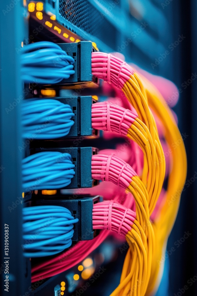 Poster Cyberpunk Network Infrastructure Bold Chromatic Connectivity with Hyper-Realistic Ethernet Cabling - Next-Gen Digital Transformation Visualization