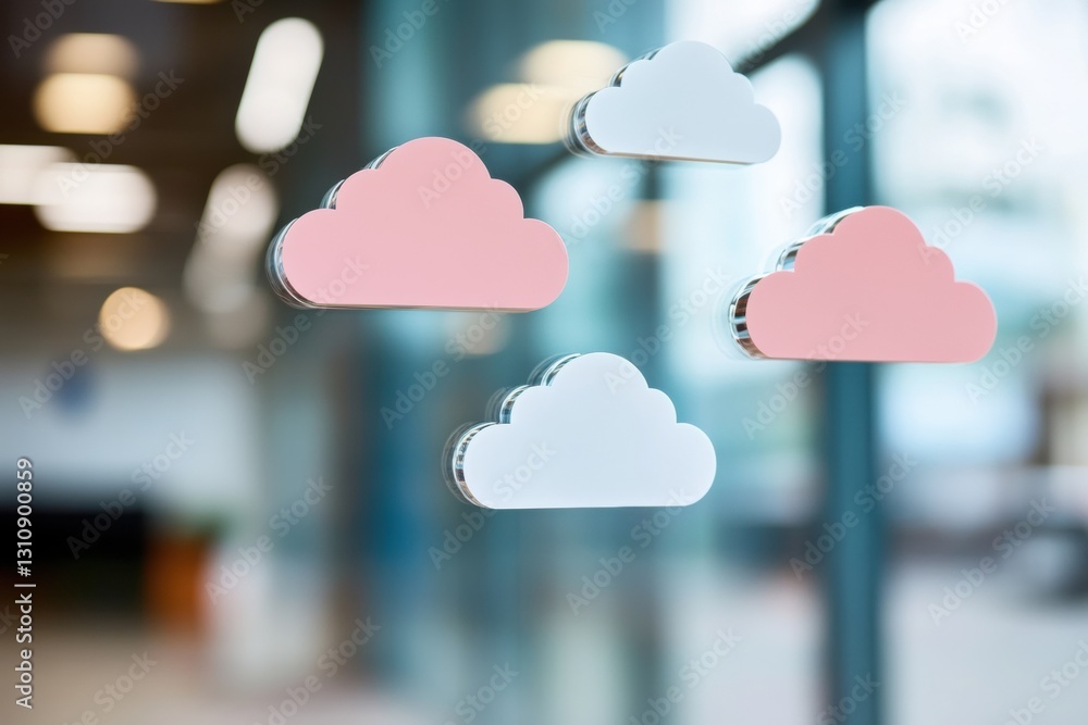 Poster Minimalist Cloud Computing Visualization Transparent Glass Network Interface Showcasing Secure Digital Connectivity and Next-Gen Enterprise Communication Solutions