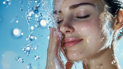 Fototapeta premium A serene moment of a woman washing her face, surrounded by droplets of water, conveying freshness and beauty.