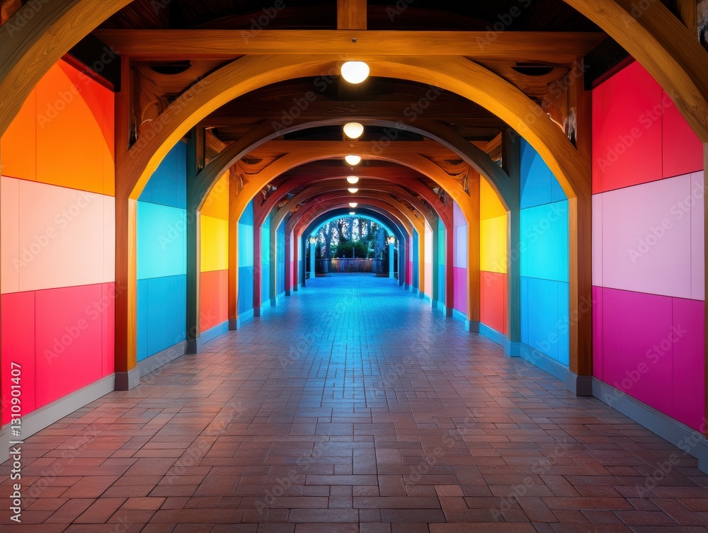 Poster immersive color-block architectural passage vibrant design experience showcasing neo-retro entertain