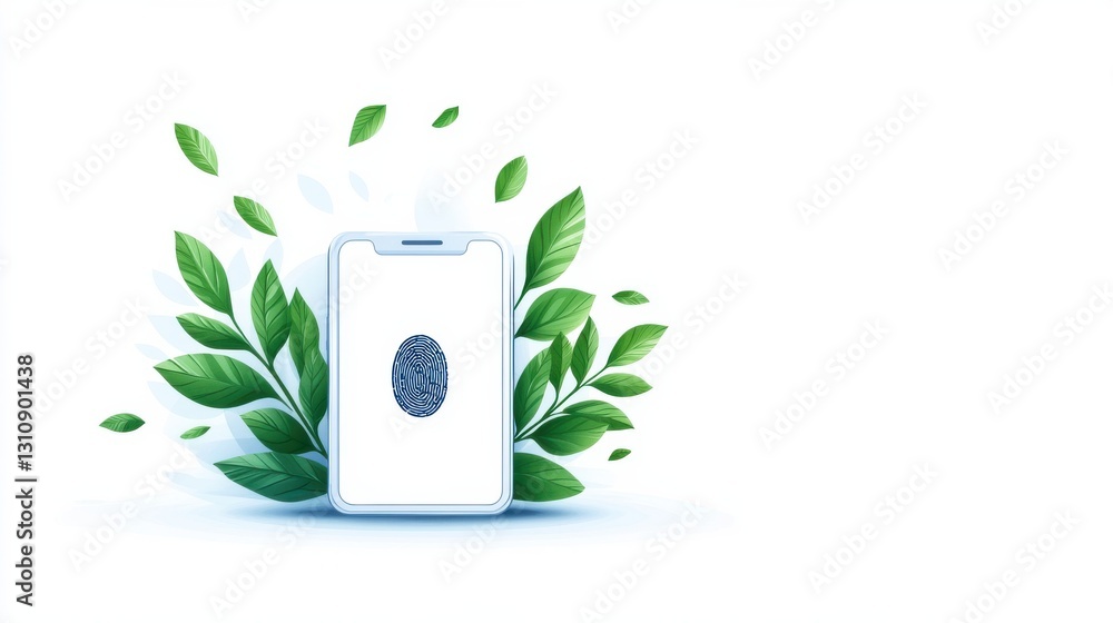 Poster smartphone with fingerprint sensor on its screen surrounded by lush green leaves representing the of