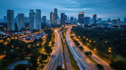 Fototapeta premium Night Lights Cityscape: A Stunning Aerial View of Singapore's Skyline and Illuminated Highway