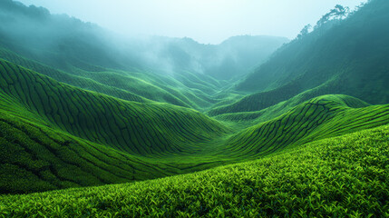 Fototapeta premium Expansive green valley surrounded by majestic mountains with rolling hills underneath a clear and bright blue sky