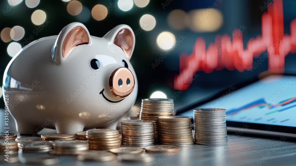 Poster piggy bank with a market chart or graph showing financial data analytics and investment strategy for