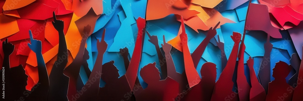Poster powerful layered paper art background showcasing activism, unity, and expressive motion through colo