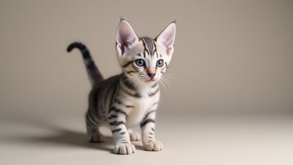 Obraz premium A silver bengal kitten with striking blue eyes and black stripes stands on a light background.