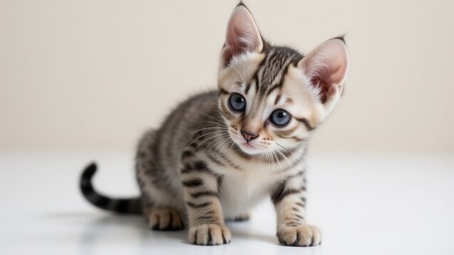 A silver bengal kitten with striking blue eyes and black stripes sits on a white surface, looking curiously ahead.