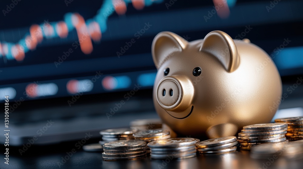 Poster piggy bank filled with gold coins and financial data chart or graph on digital display representing 