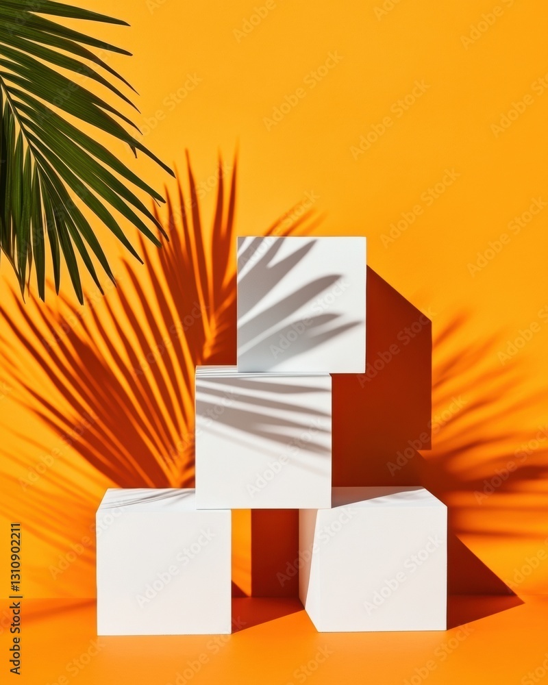 Aufkleber minimalist geometric podium design vibrant orange backdrop with organic palm shadow - modern product