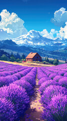 Charming lavender field with a cozy wooden farmhouse nestled among vibrant purple flowers in full bloom
