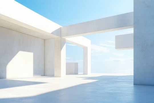 minimalist white concrete architectural structure with clean geometric lines, dramatic shadows, and vast empty space creating a sense of serene modernism against bright blue sky - Powered by Adobe