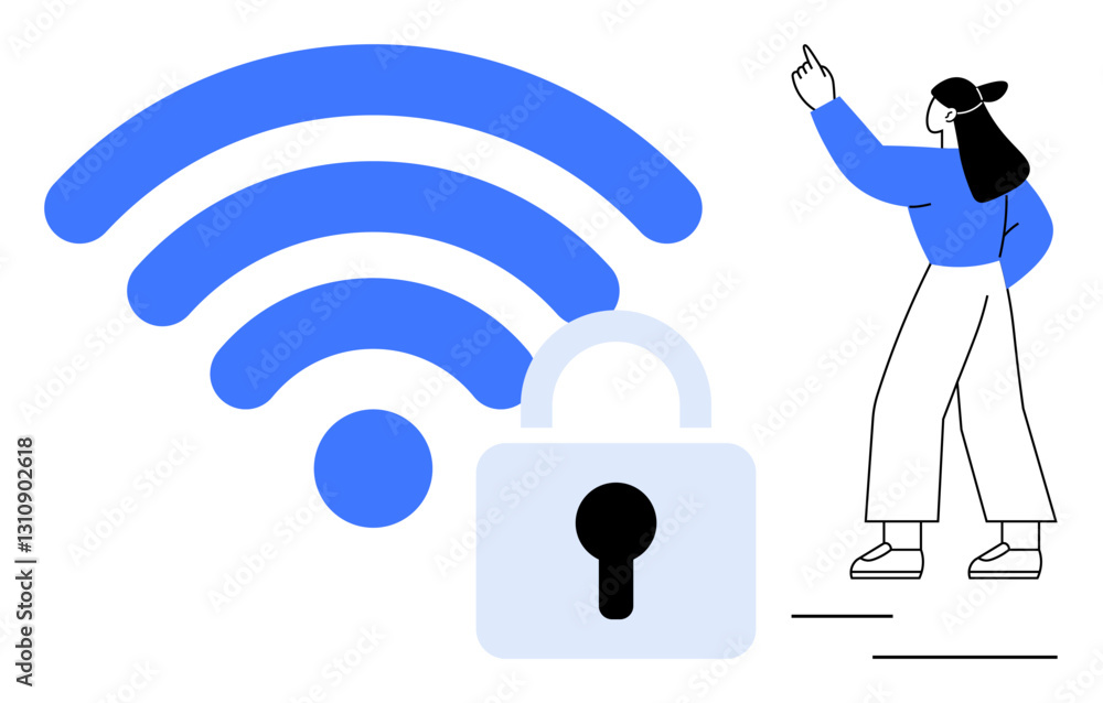 Poster wireless signal with a secure padlock and a woman gesturing highlights network safety. ideal for cyb