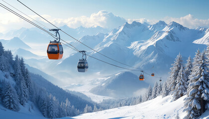 Cable car cabins move over snowy mountain landscape. Winter vacation in ski alpine resort. Gondola aerial view. Scenic panorama of mountains, forest, and snow. Sunny day and winter adventures.