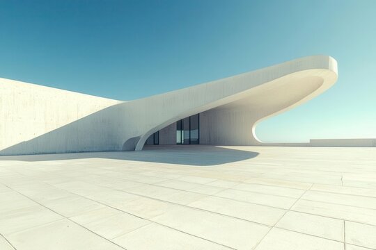 minimalist white concrete architectural structure with clean geometric lines, dramatic shadows, and vast empty space creating a sense of serene modernism against bright blue sky