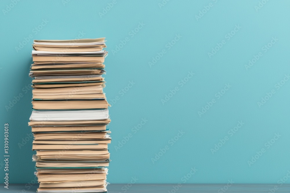 Aufkleber stacked books on turquoise background with copyspace for text or overlay education learning and know